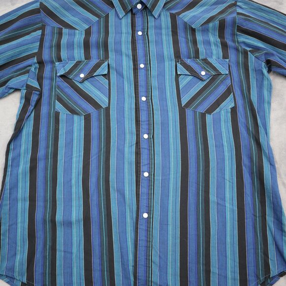 Pryde Shirt Mens L Blue Pinstriped Western Pearl Snap Long Sleeve - Picture 12 of 16